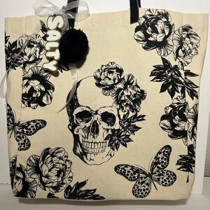Floral Skull Canvas Tote Bag - Black and Cream with Purse Charm